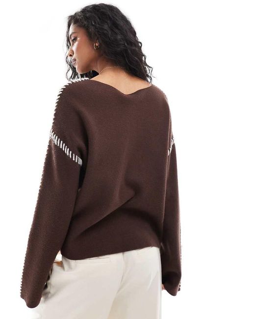 Y.A.S Brown Contrast Stitch Detail Jumper