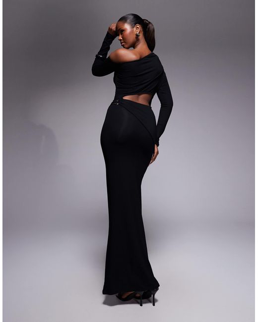 ASOS Long Sleeve Asymmetric Off The Shoulder Maxi Dress With Trim Back  Detailing in Black | Lyst