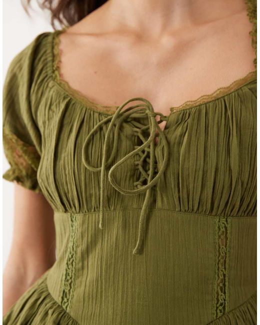 Miss Selfridge Green Cheesecloth Lace Detail Milkmaid Dress