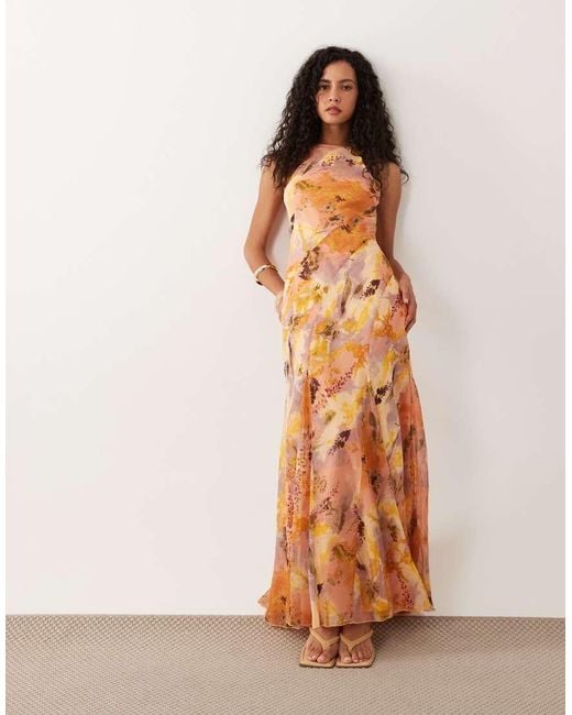 ASOS Multicolor Racer Neck Bias Maxi Dress With Godet Hem Orange Abstract Print