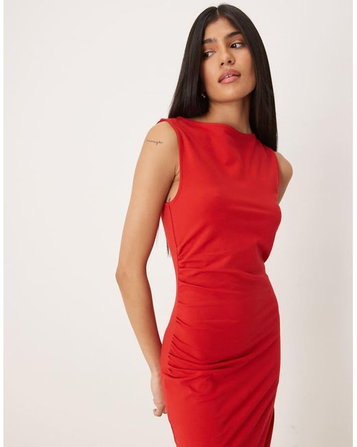 ASOS Red Ruched Side Midi Dress With Slash Neck