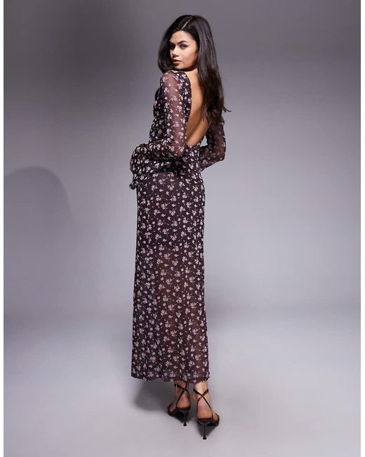ASOS Purple Flocked Floral Maxi Dress With Flute Sleeve