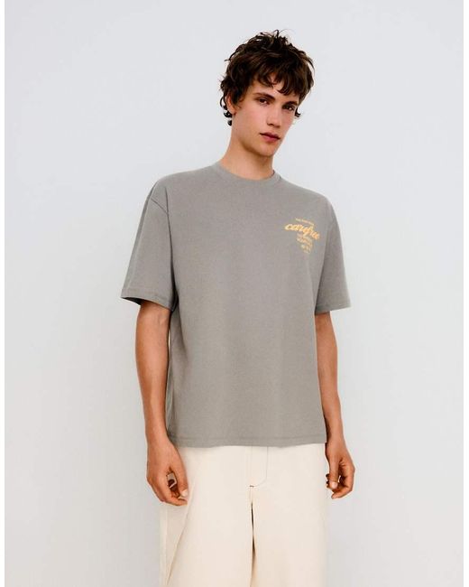 Bershka Gray Boxy Fit Print T-shirt for men