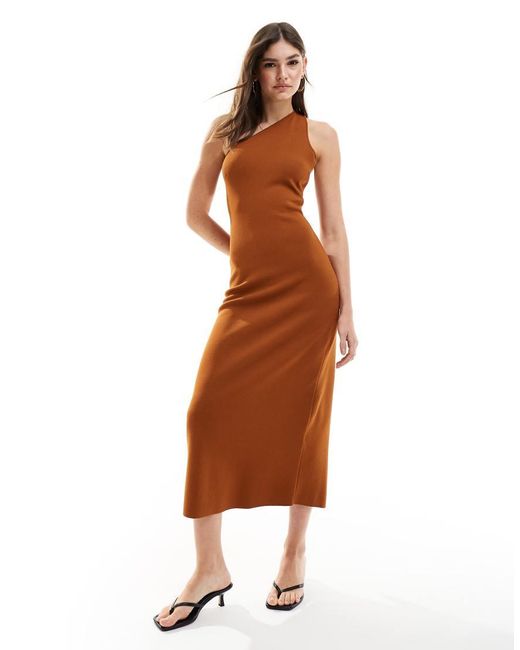 & Other Stories Brown Knitted One Shoulder Midi Dress With Cut Out Back Detail
