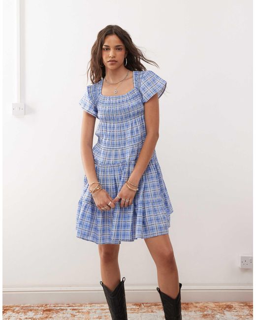 Collusion Blue Frill Sleeve Check Mini Dress