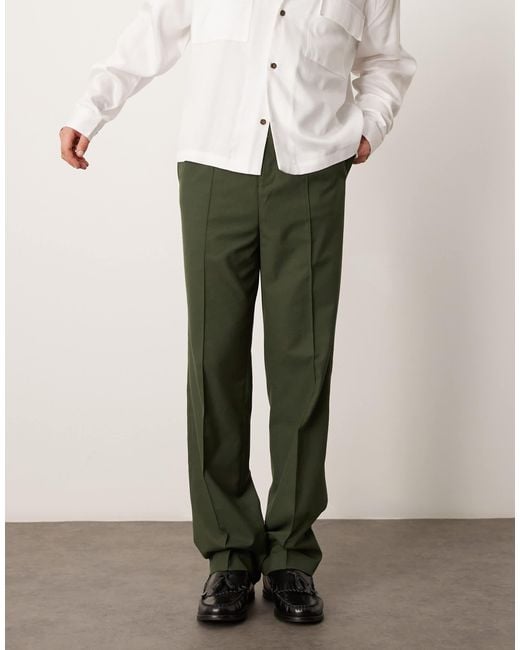 ASOS Green Smart High Waist Straight Leg Pants With Pintucks for men