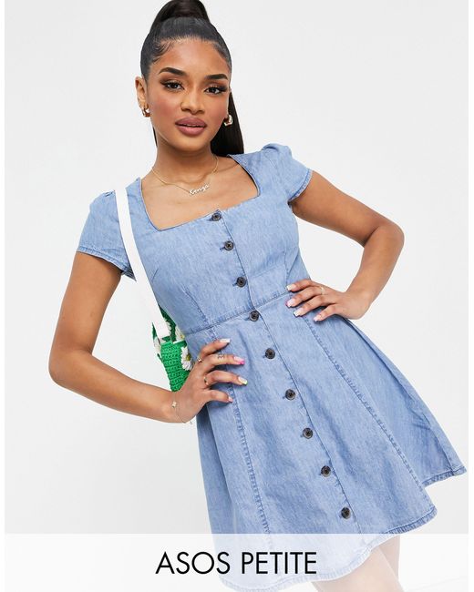 Asos design petite - vestito da giorno di jeans morbido con scollo quadrato  lavaggio medioASOS in Denim di colore Blu - Lyst