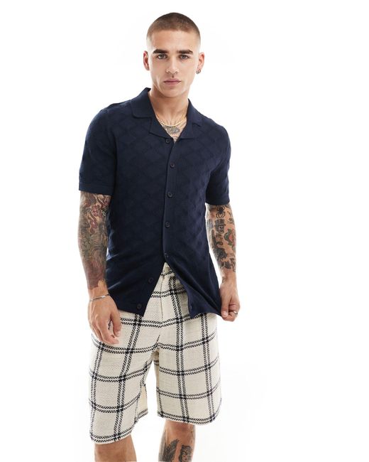 Threadbare Blue Knitted Short Sleeve Revere Collar Shirt for men