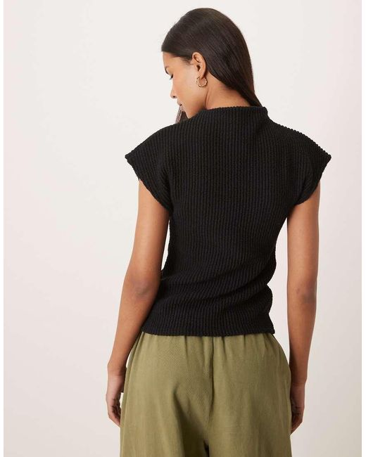 Gina Tricot Black Funnel Neck Short Sleeve Rib Top