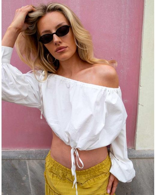 Daisy Street White X Emma Jean Off Shoulder Cotton Poplin Crop Top