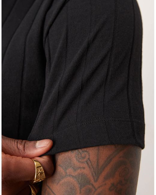 ASOS Black Muscle Fit Ribbed T-shirt With Henley Neck for men