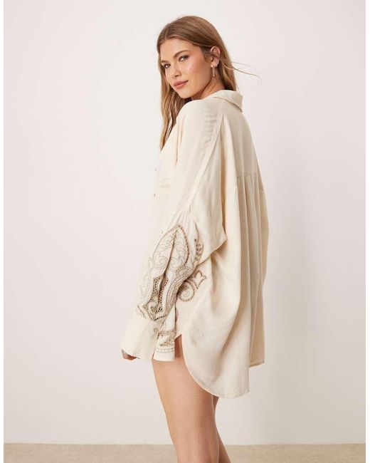 ASOS Natural Blake Broderie Linen Blend Oversized Beach Cover Up Shirt