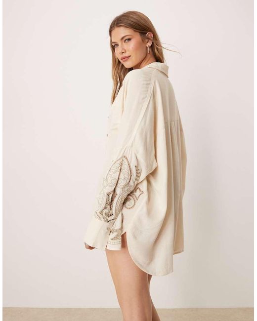 ASOS Natural Blake Broderie Linen Blend Oversized Beach Cover Up Shirt