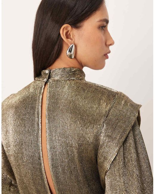 ARRANGE Brown Metallic Pleat Shoulder Pad Blouse