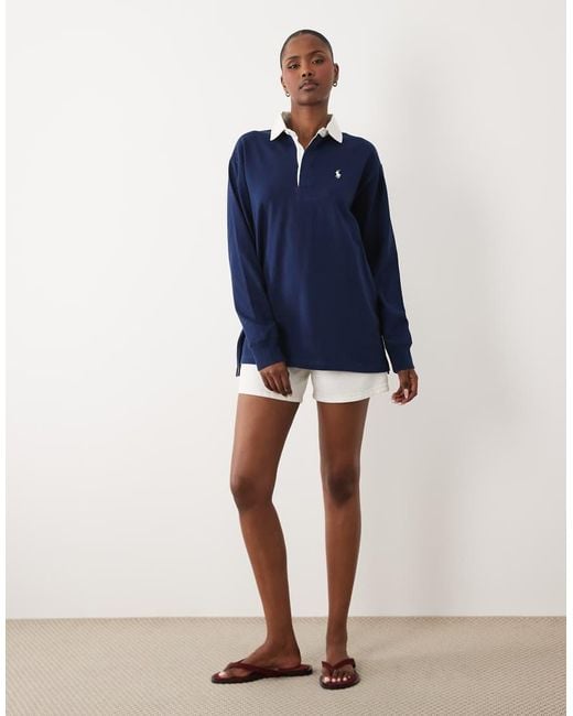 Polo Ralph Lauren Blue Contrast Collar Oversize Fit Rugby Top