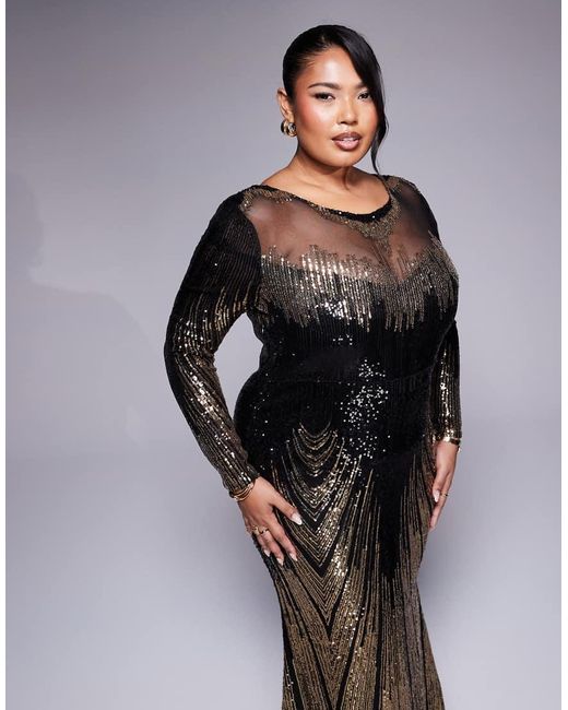 Goddiva Black Curve Long Sleeve Aztec Sequin Maxi Dress