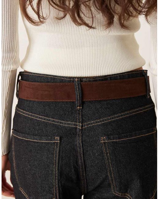 ASOS Black Dark Tan Faux Suede Jeans Belt With Elongated Square Buckle