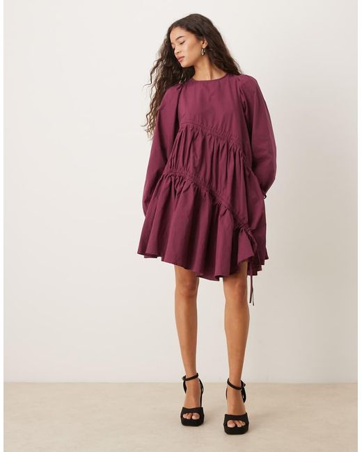 Ghospell Purple Oversized Ruched Mini Dress