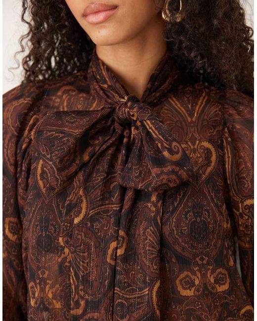 Mango Brown Chiffon Blouse With Neck Tie Co-ord