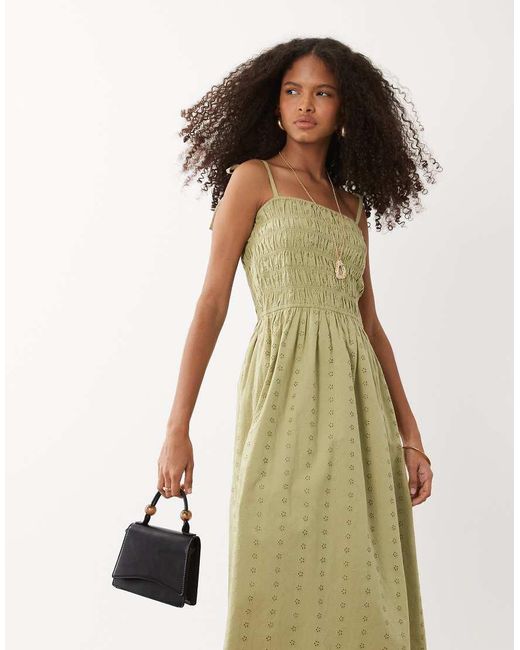 Miss Selfridge Green Strappy Broderie Maxi Dress