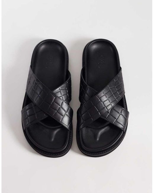 ASOS Black Cross Over Strap Sandals With Embossed Weave for men