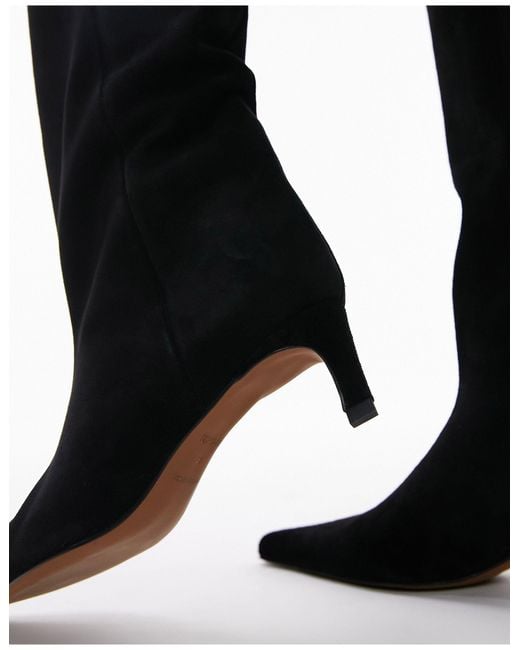 TOPSHOP Black Tara Premium Suede Mid Heel Pointed Knee Boots