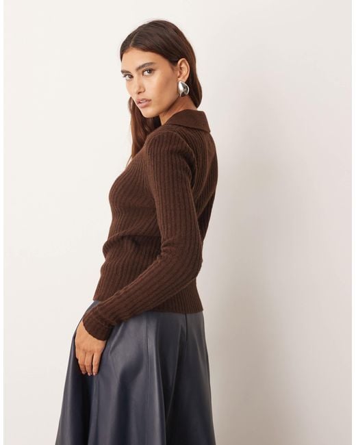 ARRANGE Brown Pure Merino Rib Knit Collared Button Through Top