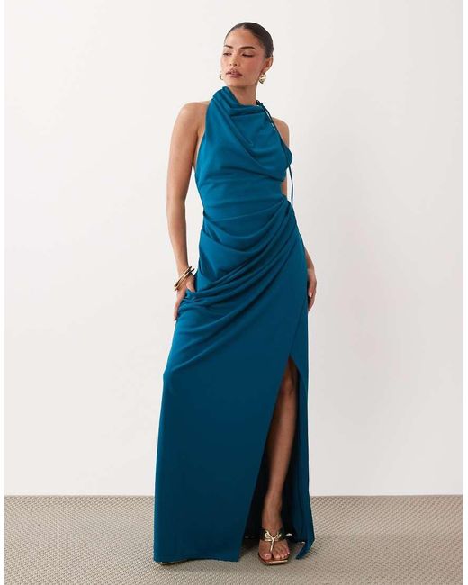 ASOS Blue Asos Design Petite Ruched Waist High Neck Maxi Dress With Open Back