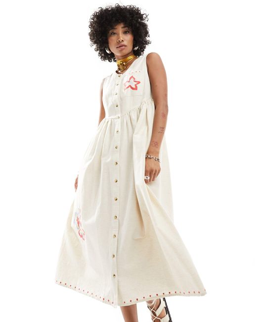 Native Youth White Embroidered Detail Button Through Linen Midi Dress