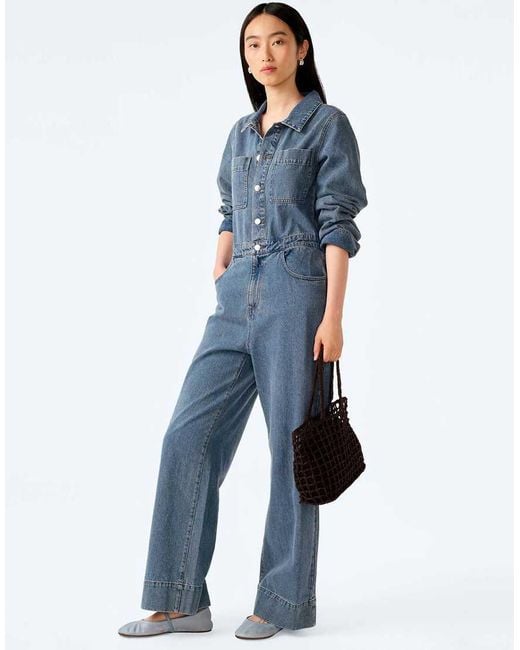 OMNES Blue Jumpsuits Diya Light Wash Denim Jumpsuit