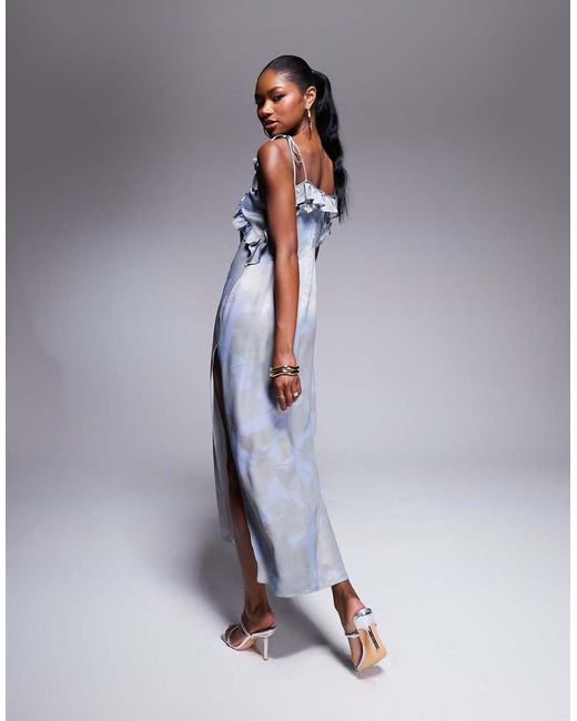 ASOS Satin Ruffle Maxi Slip Dress in Blue Lyst UK