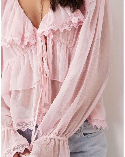Miss Selfridge Pink Chiffon Ruffle Tie Front Blouse