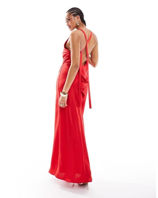 ASOS Red Satin Cowl Back Maxi Dress With Buckle Strap Detail