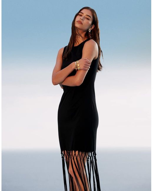 ASOS Black Sleeveless Macrame Fringe Hem Detail Midi Dress