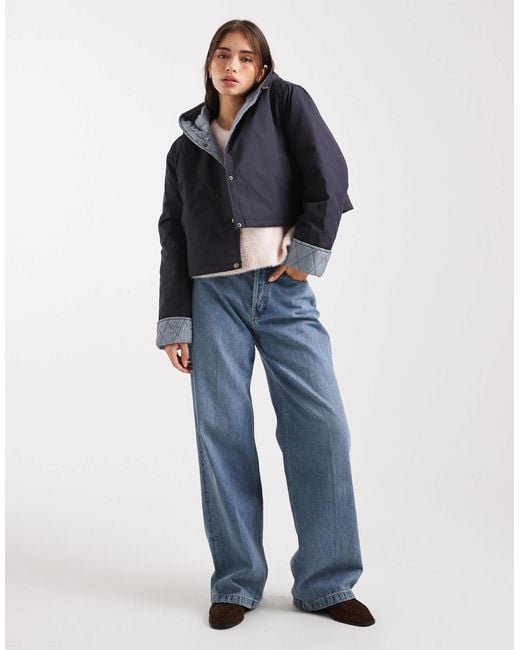 ASOS Blue Hooded Cropped Jacket With Gingham Lining