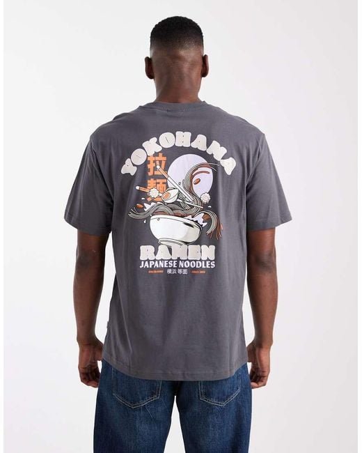 Only & Sons Blue Relaxed Fit T-Shirt With Ramen Bowl Back Print for men