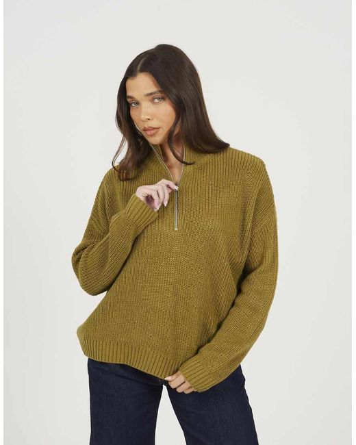 Brave Soul Green Half Zip Funnel Neck Fisherman Knit Jumper