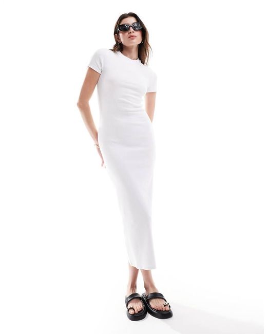 ASOS White Short Sleeve Ribbed Column Midi Dress