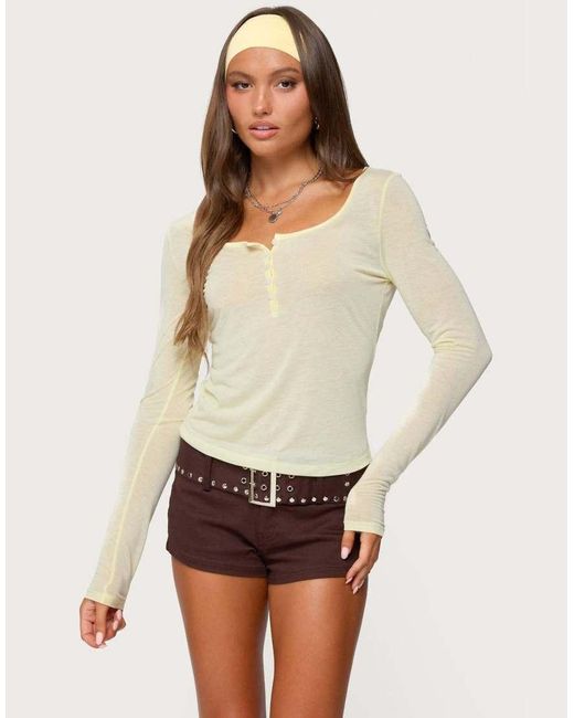 Edikted White Ria Sheer Long Sleeve Henley Top