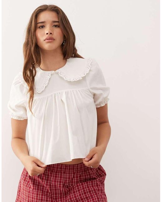Collusion White Smock Blouse With Lace Trim Collar Detail