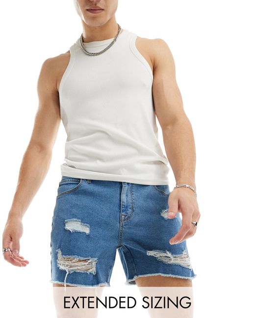 ASOS Blue Short Length Denim Shorts With Rips for men