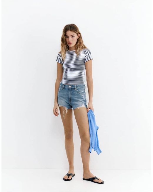 Pull&Bear Blue Mom Fit Ripped Denim Shorts