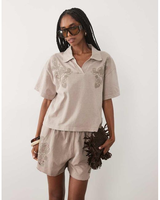 Miss Selfridge Natural Embroidered Polo Shirt Co-ord