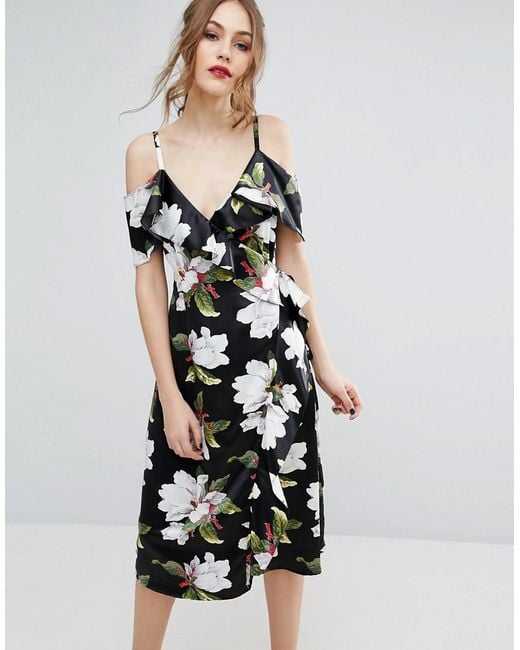 Warehouse Black Floral Cold Shoulder Wrap Midi Dress