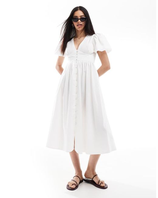 Vestito Midi Con Maniche A Sbuffo E Bottoni di South Beach in White