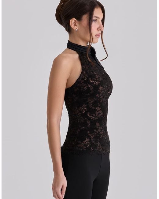 House Of Cb Black Natalya Lace High Neck Top With Detachable Bow