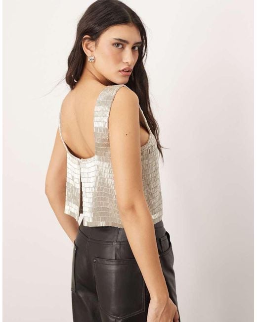 ARRANGE Natural Embellished Beaded Square Neck Boxy Crop Top