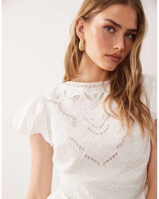 ASOS Natural Puff Mini Dress With Cutwork Embroidery