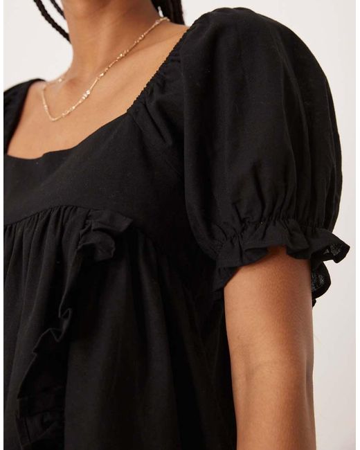ASOS Babydoll Playsuit Van Linnenmix Met Pofmouwen En Strik Achter in het Black