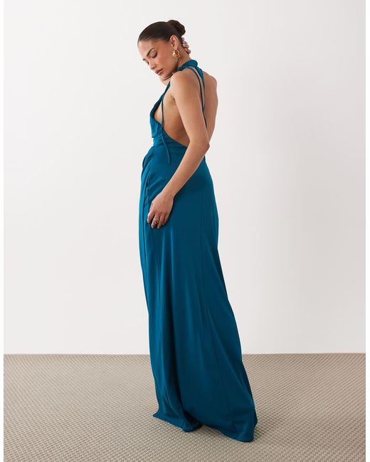 ASOS Blue Asos Design Petite Ruched Waist High Neck Maxi Dress With Open Back